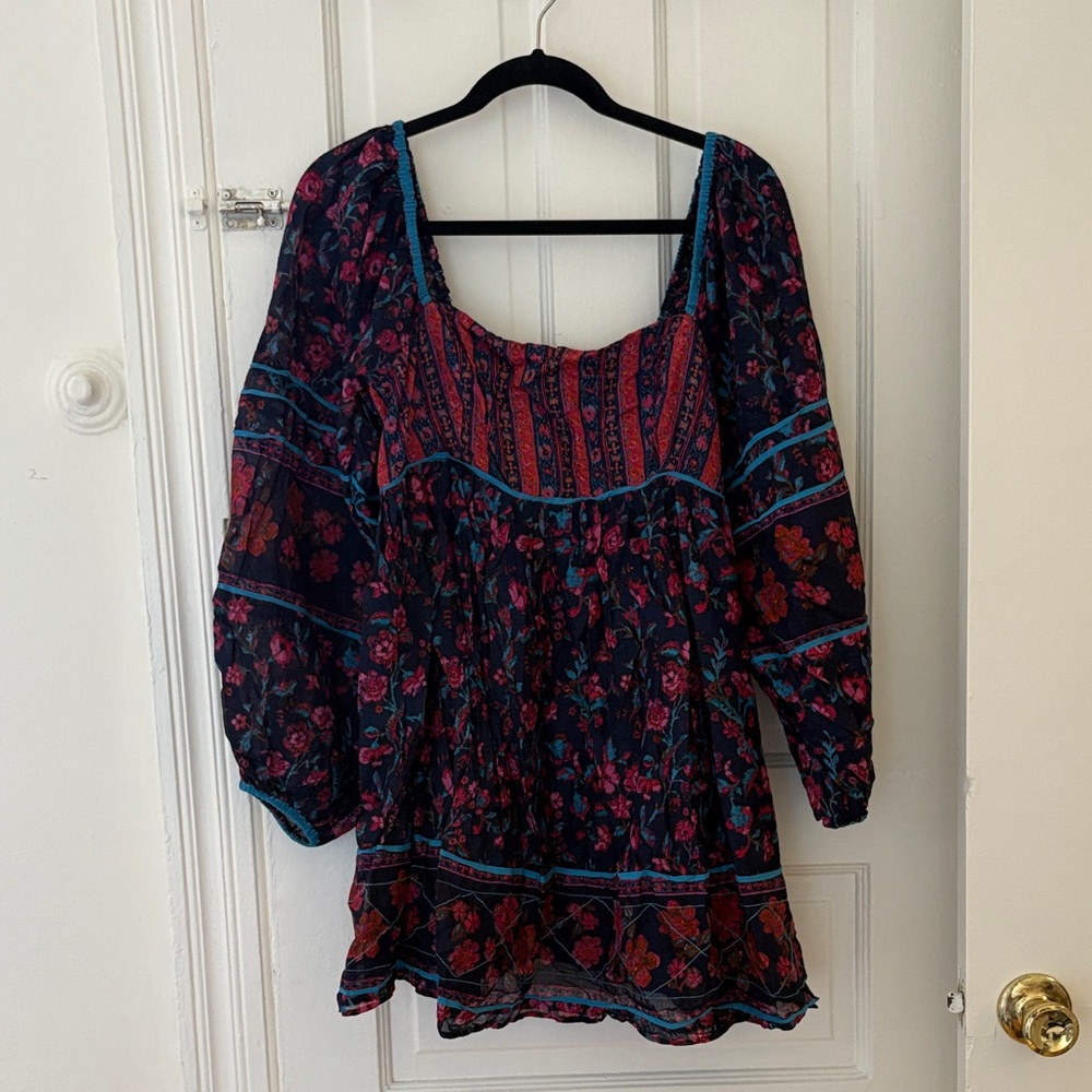 Free People Navy Floral Mini Dress with Pink and Teal Accents